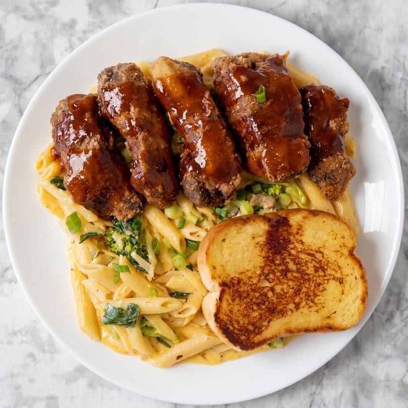 Crispy fried chicken tenders glazed with sauce, served over penne pasta with broccoli and garlic toast.