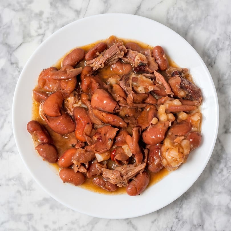 A white plate filled with red kidney beans and shredded meat in a savory sauce.
