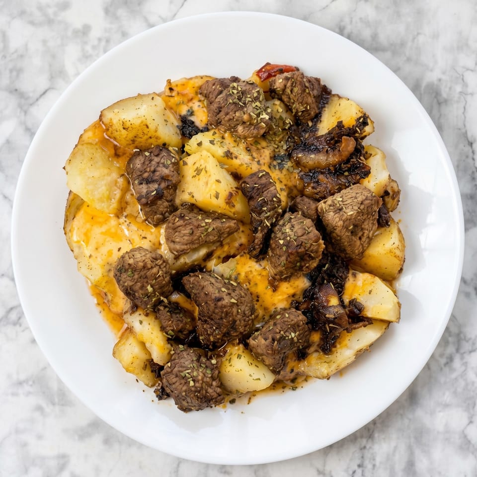 A white plate holds a dish of seasoned beef chunks, roasted potatoes, and caramelized onions.