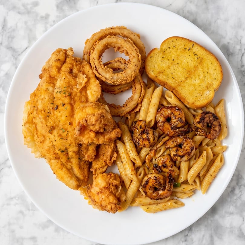 Fried fish, shrimp, onion rings, penne pasta, and garlic bread on a white plate.