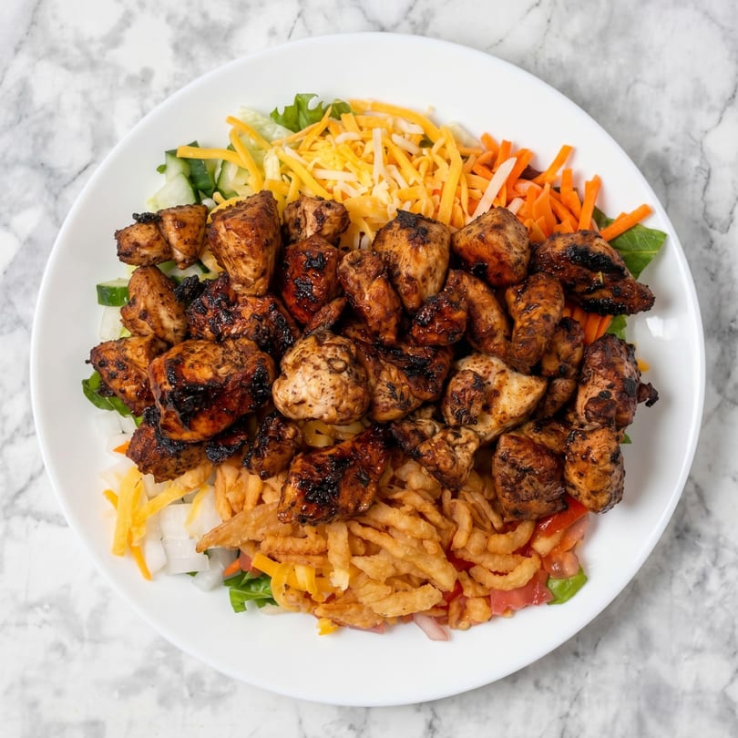 Grilled chicken pieces atop a fresh salad with shredded cheese, carrots, and crispy fried onions.