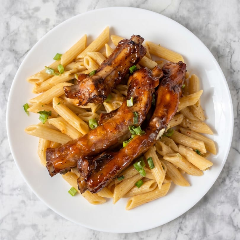 Glazed chicken drumettes with penne pasta and chopped green onions on a white plate.