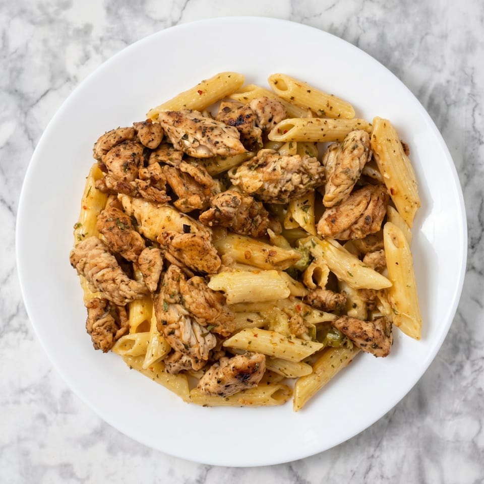 Penne pasta with grilled chicken and herbs, served on a white plate on a marble surface.