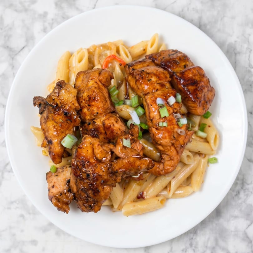 Glazed chicken pieces with penne pasta and chopped green onions on a white plate.