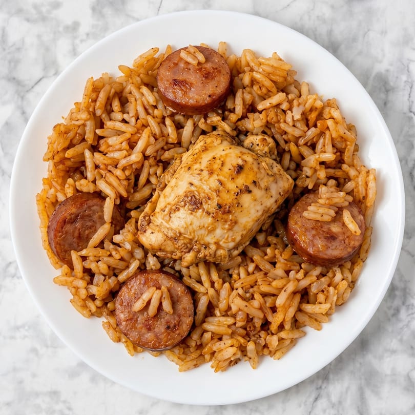 Jambalaya with seasoned chicken and sausage slices served on a white plate.