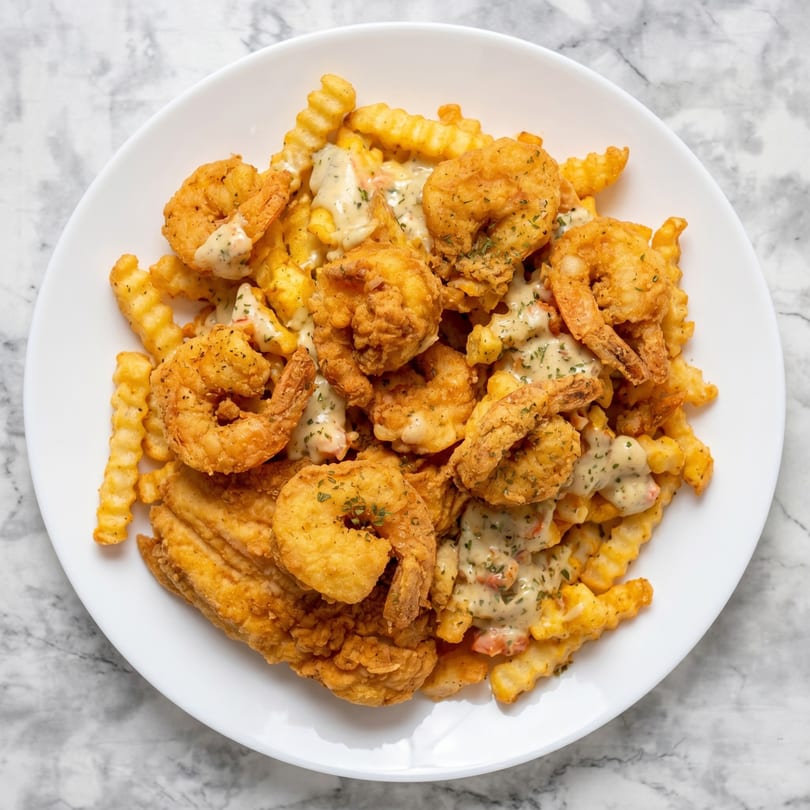 Crispy fried shrimp and chicken tenders with crinkle-cut fries, drizzled with creamy sauce and herbs.