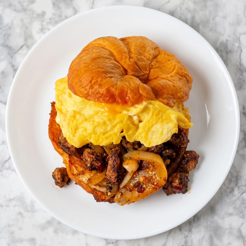 A croissant sandwich with scrambled eggs, steak, and onions on a white plate.