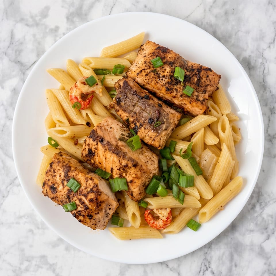 Blackened salmon and penne pasta with crawfish and green onions on a white plate.