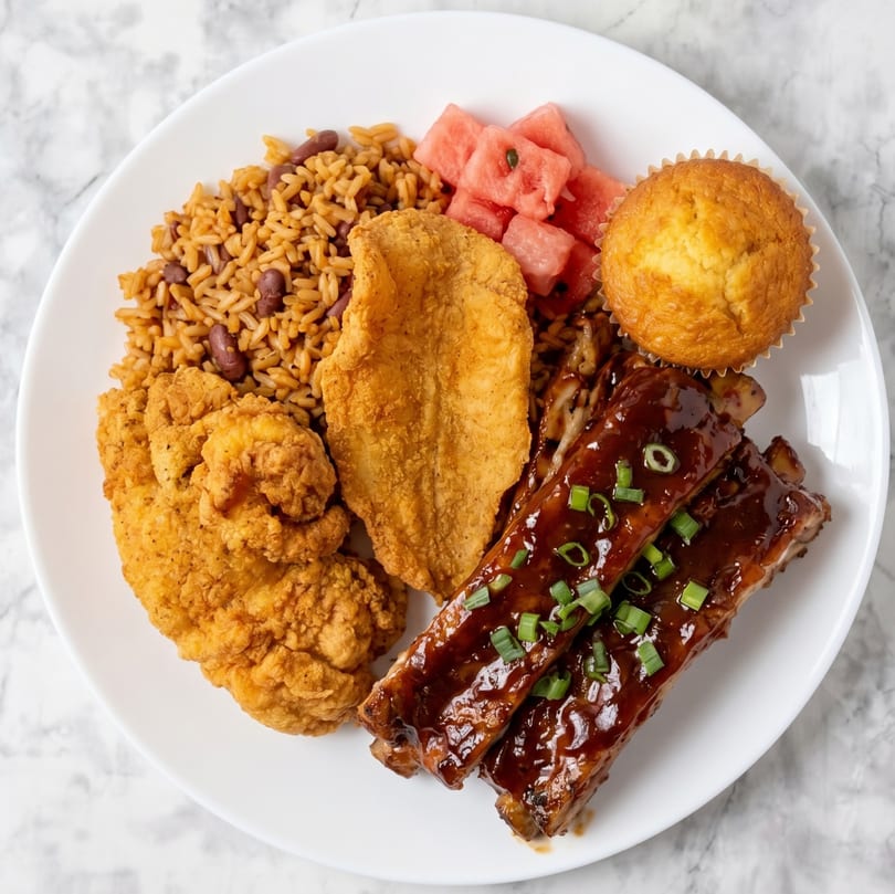A plate with fried fish, fried shrimp, BBQ ribs, rice and beans, watermelon, and a corn muffin.