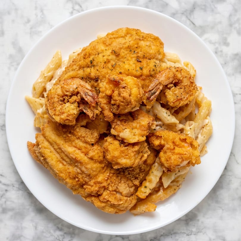 Crispy fried fish and shrimp served over creamy penne pasta on a white plate.
