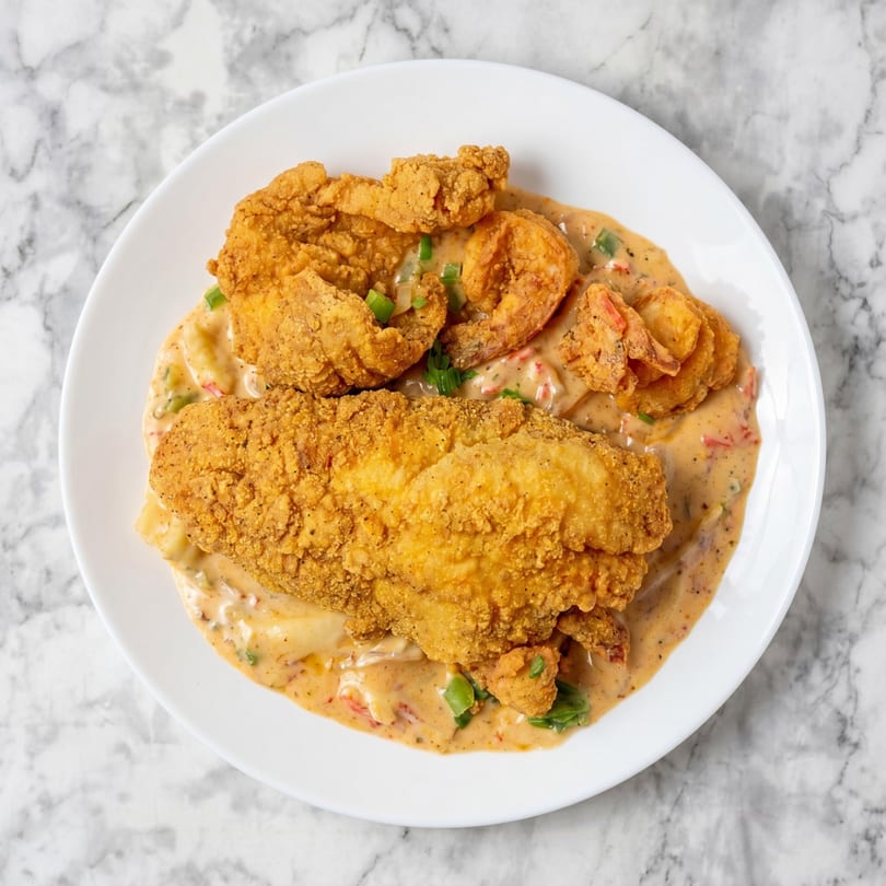 Crispy fried catfish and shrimp served over grits with a creamy sauce and green onions.